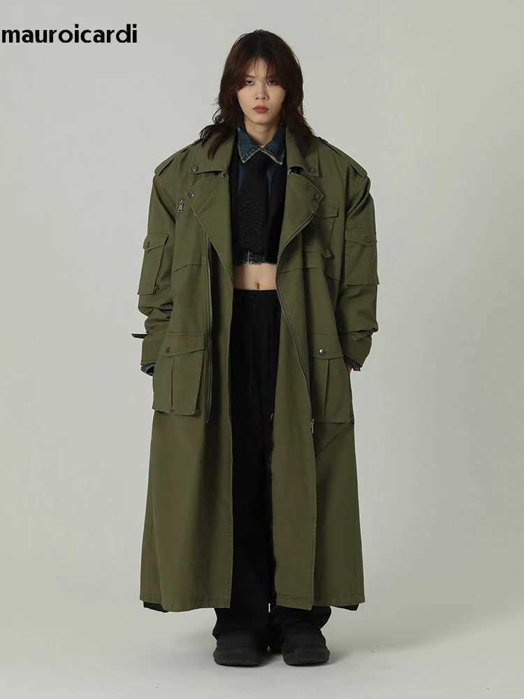 Mauroicardi Spring Autumn Cool Long Army Green Oversized Overcoat Men Sashes Loose Luxury Designer Clothing Cargo Coat 2023 J251017