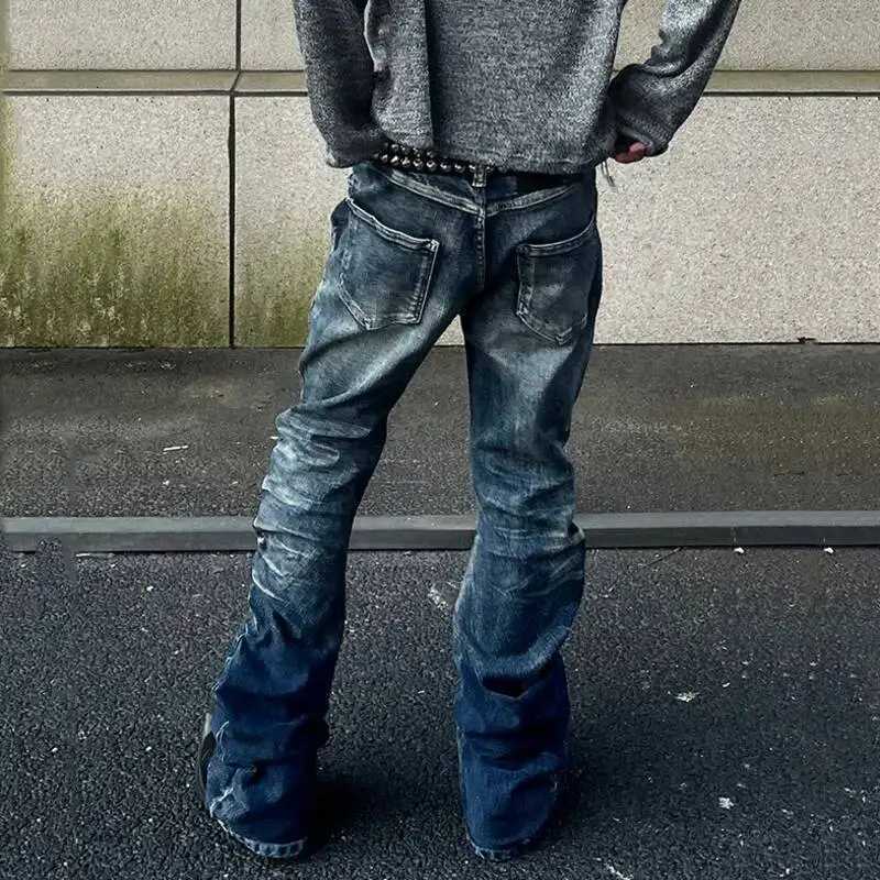 FEWQ 1 Style Mens Denim Pants Washing Button Design Pleated Loose Jeans Contrast Color Casual Male Bottom Vintage 4K51561 Y251105