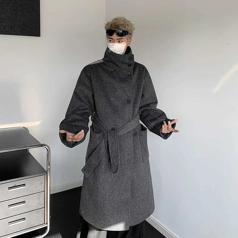 Mens DoubleBreasted Wool Blend Overcoat with Belt Loose Fit Solid Color Stand Collar MidLength Trench Coat for Autumn Winter J251017