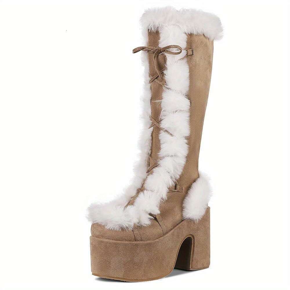 Women's Warm Stylish Snow Knee Boots Faux Fur Fuzzy Round Toe Chunky Block High Heel Lace Up Thick Bottom Platform Wedges Fashionable Comfortable