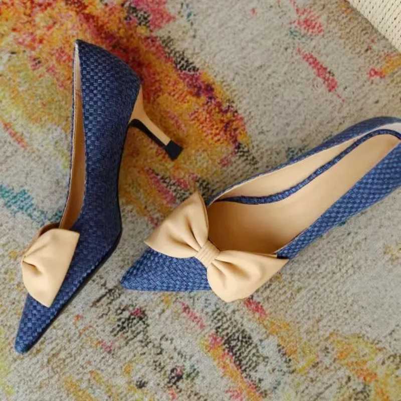 Woven Bow Designer Brand High Heels Women Fashion Shallow Patchwork Slide Sandal Elegant Simple Pointed Toe Thin Heel Dress Shoe Z251015
