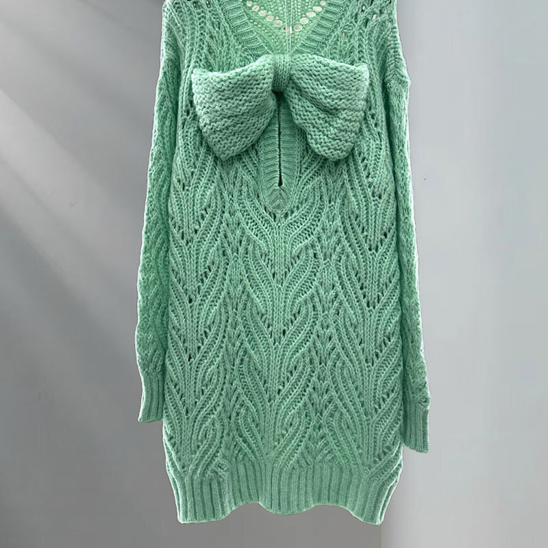 Chan New Lady Bow Tie Hollow Out Knitted Sweater Dress High Quality Designer Long Sleeve V-Neck Sweater Women 2025 Tops Clothes Paris Runway Long Outw