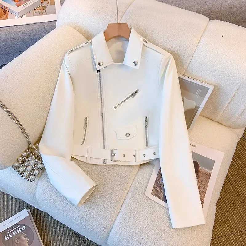 Black White Sky Blue Faux Pu Leather Jacket Women Slim Short Coat With Belt Lapel Long Sleeve Spring Autumn Female StreetwearT251017