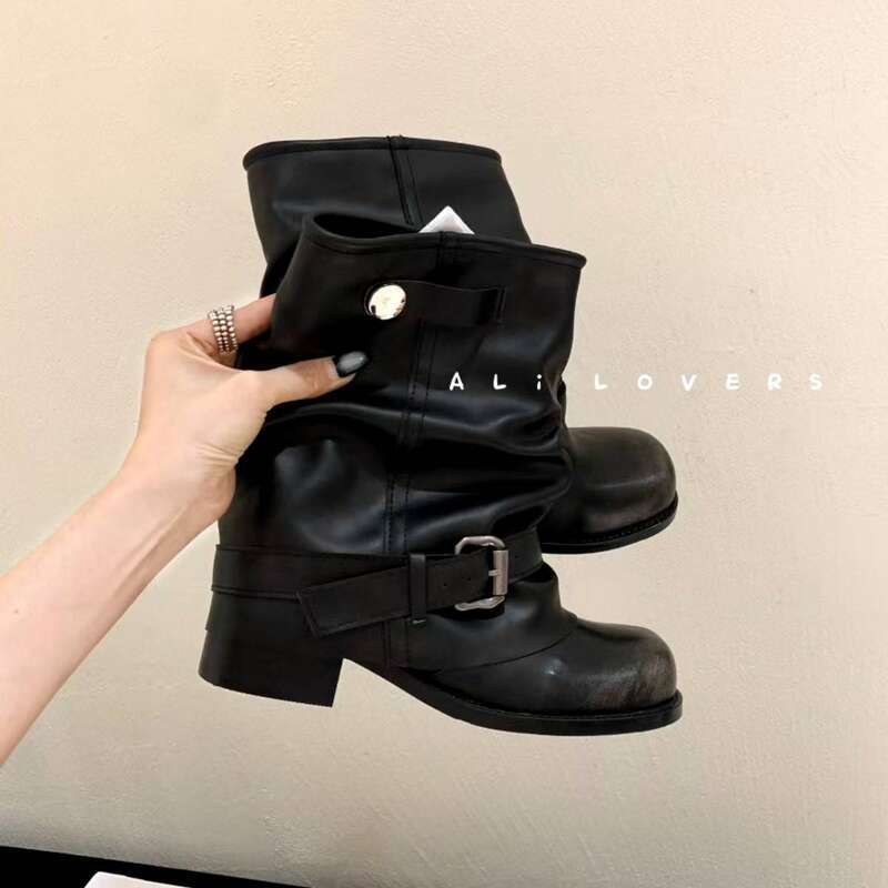 Cameido Women's Suede Leg Tube Retro Belt Buckle Pleated Stackable Mocha Western Boots