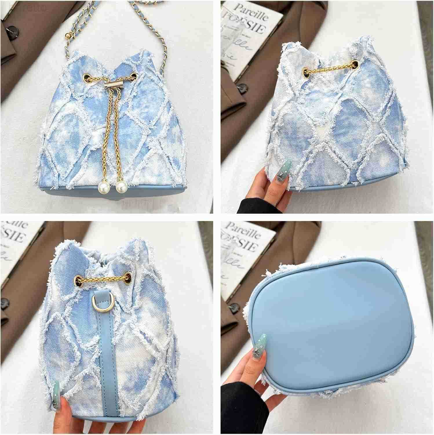 Denim Bucket Bag Quilted Drawstring Shoulder Handbag Jean Crossbody Purses Hobo Handbag with Chain Strap Z251017