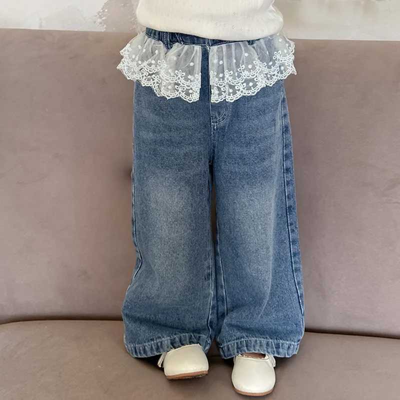 Baby Girls Pants Fashion Lace Loose Straight Jeans 2024 Autumn New Korean Style Childrens Wide Leg PantsT251017