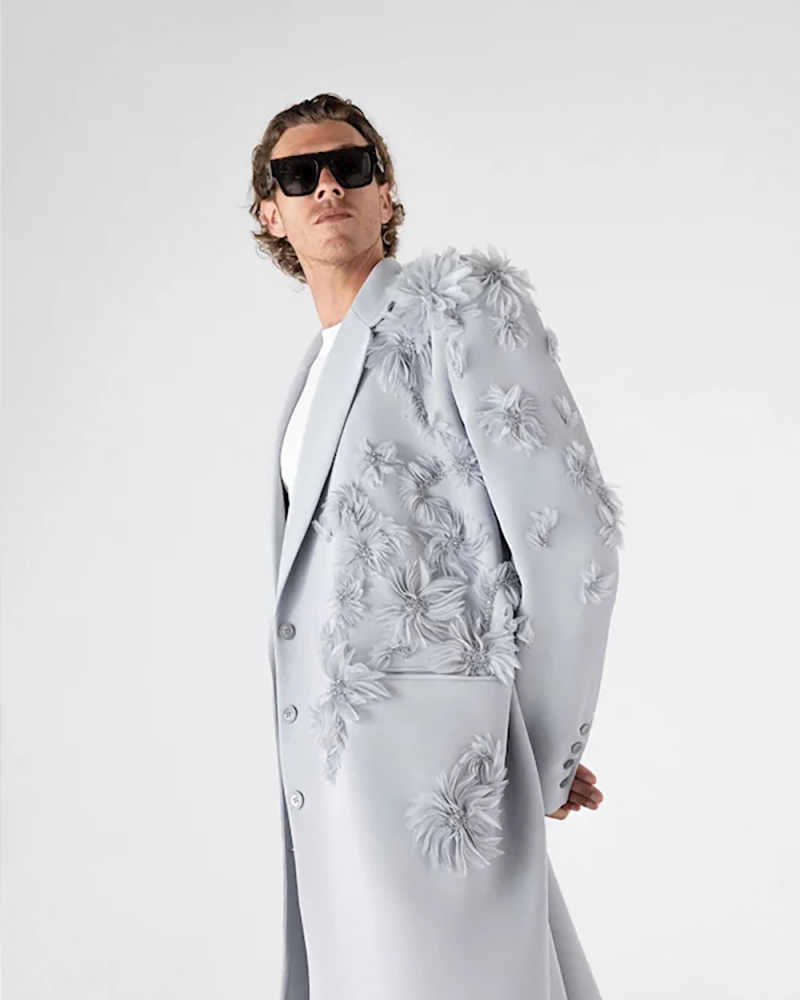 Handsome Men Long Overcoat Notched Lapel Single Breasted Groom Wedding Tuxedos 3D Floral Dinner Party One Piece Customized