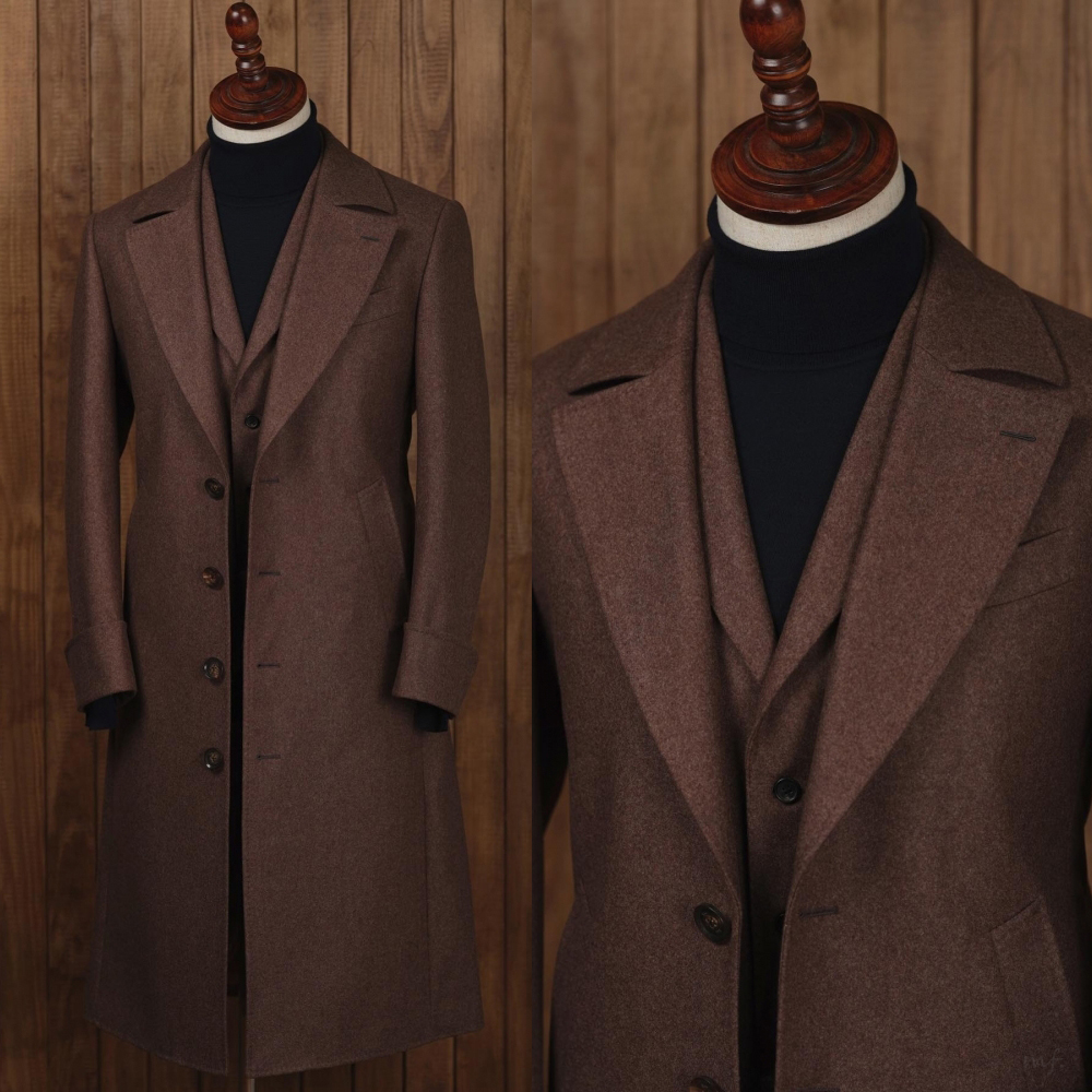 Customized Brown Wool Men Long Coat Winter Warm Business Groom Party Prom Jacket Wear Outfit One Piece