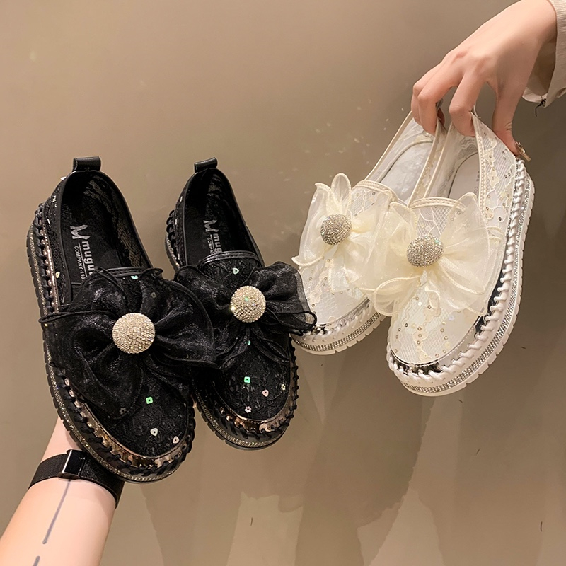 Women's Casual Shoes Platform Sole Rhinestone Upper Shallow Mouth Women's Loafers Leisure One Kick Fashion Diamonds Butterfly Knot Flats Sho