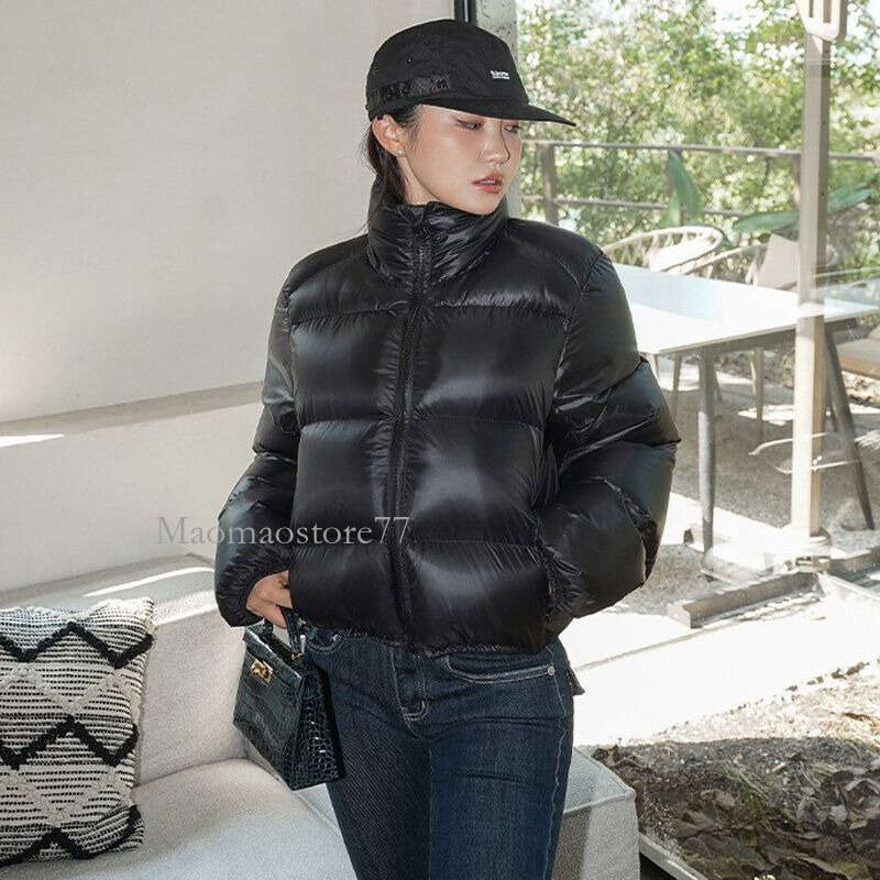 Korean Stand Collar Parkas For Women Black Zipper Up Warm Short Parka Jacket Woman Winter Slim Pockets Long Sleeve Coats Lady
