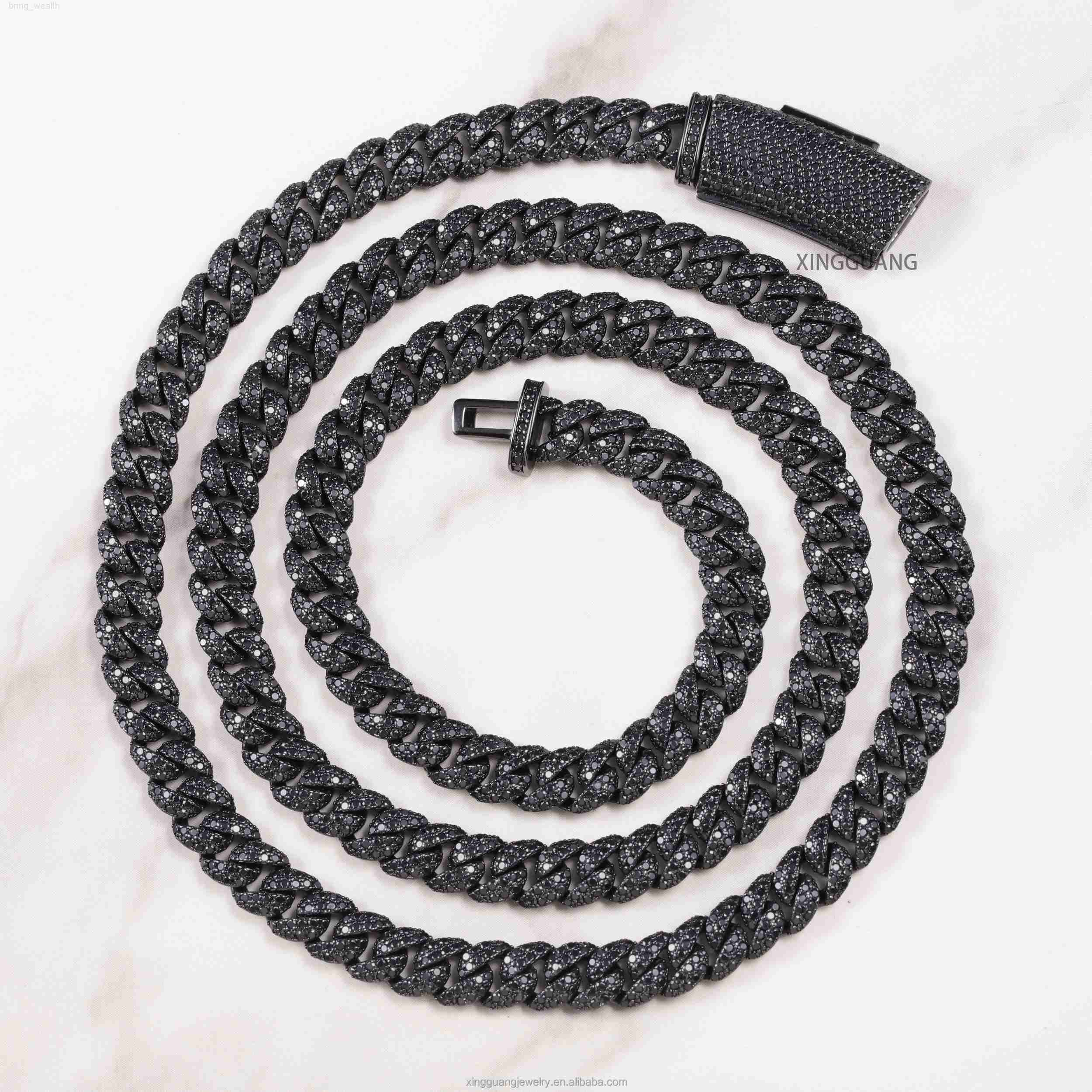 Hot Pass Diamond Tester 6mm Black Diamond Moissanite Black Gold Plated Hip Hop Cuban Lidynamic Chain 925 Silver Full Iced Out Chains