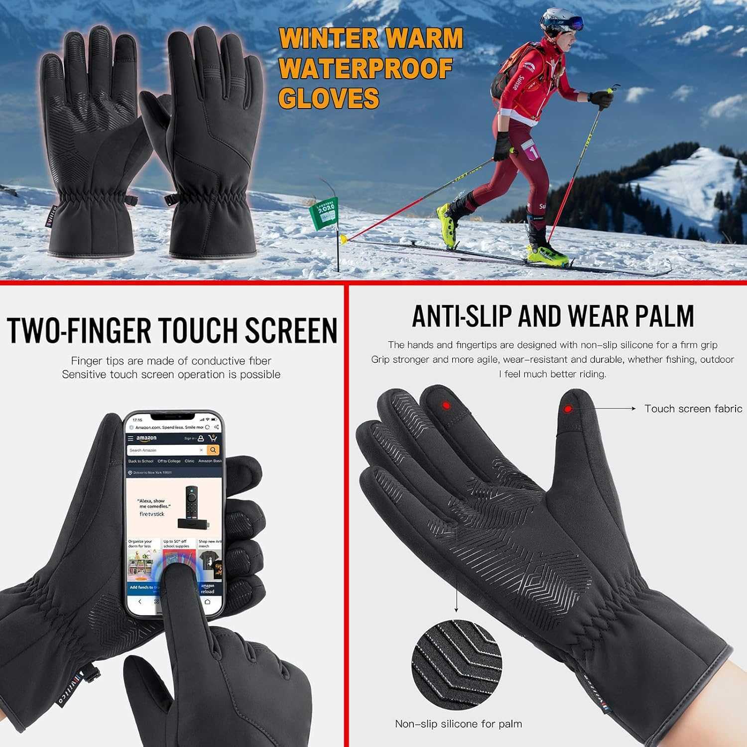 Winter Gloves for Men Women Fully Windproof Waterproof Thermal with Touchscreen Fingers AntiSlip Palm Warm Gloves for Cold Weather Cycling Driving Hik
