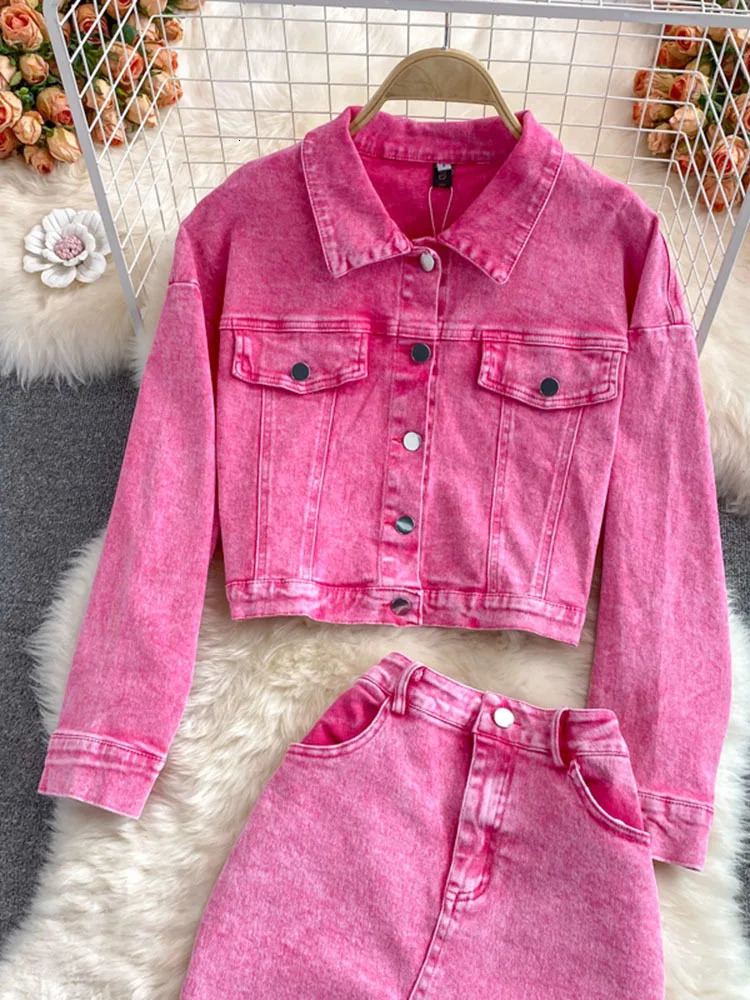Autumn Women Pink Denim Sets Lapel Long Sleeve Short Denim Jacket High Waist Denim Skirt Korean Female Two Piece Set Streetwear 251017