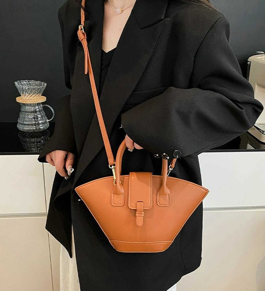 Trendy Fanshaped Bucket Bag for Women Retro PU Leather Shoulder Crossbody Bag with Top Handle Satchel Purse Z251017