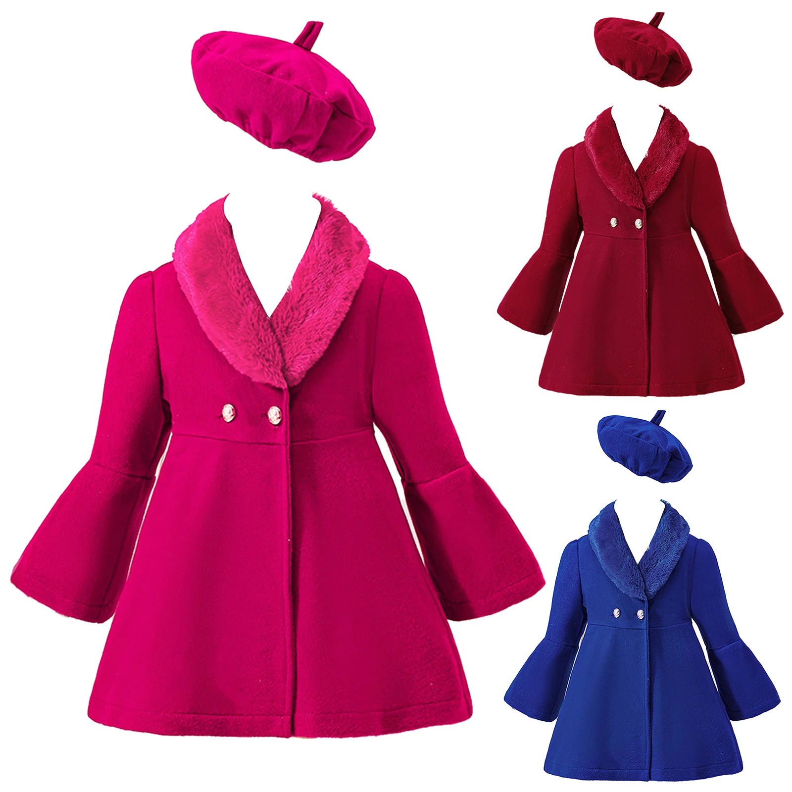 Kids Girls Autumn Winter Warm Woolen Blend Overcoat Furry Collar Long Sleeve Coat School Birthday Party Outerwear with Beret Hat 251015