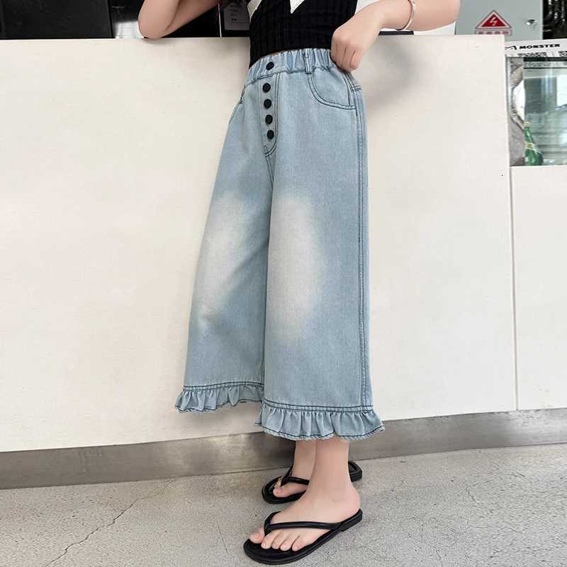 Girls summer fivepin lace sevenpoint denim wideleg pants 2025 summer slim casual and fashionable straightleg pants 515 yearT251017