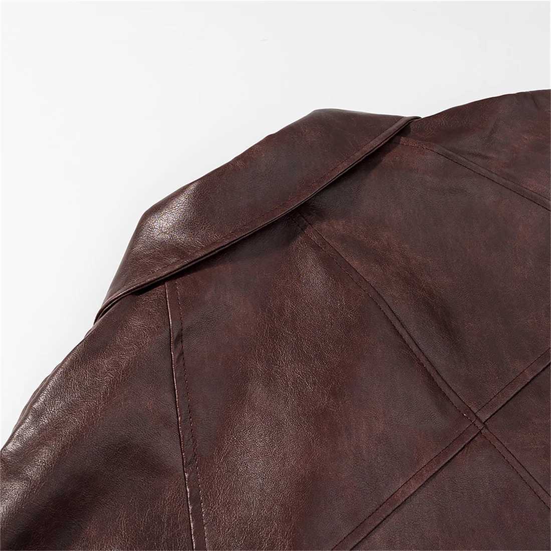 Womens Retro Brown Leather Jacket Loose Fit SingleBreasted Lapel Casual Street Style ThreeButton Fall 2025T251017