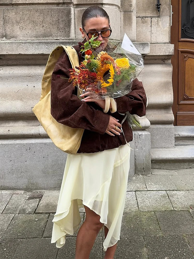 Women Casual Solid Short Suede Jacket Fashion Solid Chic Lapel Zipper Pocket Loose Jackets Lady Autumn Daily Commute Street Coat 251013