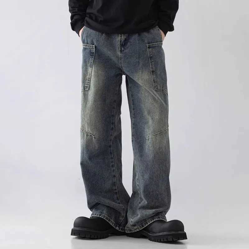 Korean Style Large Pocket Workwear Jeans Retro Blue MenS Baggy Jeans Straight Leg Pants Casual Wide Leg Pants Casual Pants Y251105