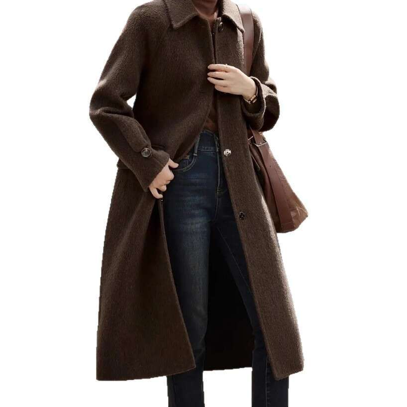 Women's Autumn Winter New Arrival Ladies Woolen Coat Streetwear Fashion Casual Lace-Up Long Slim Fit Outerwear B5