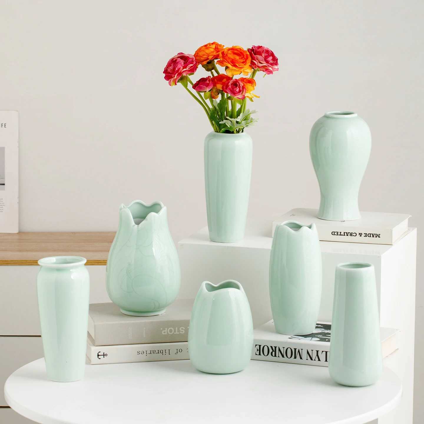 Nordic Style Light Green Ceramic Vase Set Creative Home Decor for Living Room and Table Flower Arrangement Vase for Home C251017