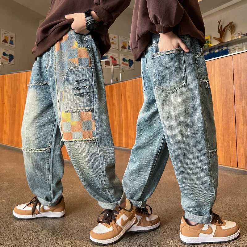 Boys Stylish High Street Hiphop Denim Jeans Childrens Casual Patchwork Pants Fashion School Kids Designer Trousers 414Year oldT251017