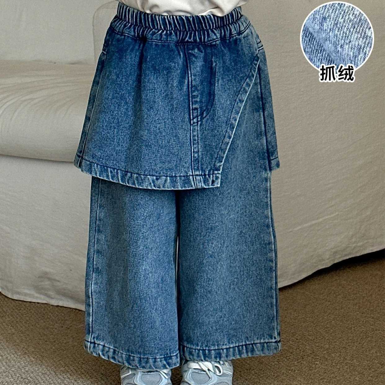 Trousers 2025 Autumn and Winter New Childrens Clothing Korean Style Boys and Girls Fashion Grab Fleeces Fake Two Wide Leg JeansT251017