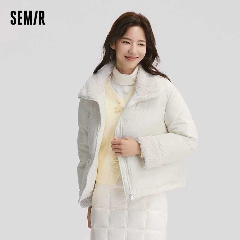 Semir Down Jacket Women Loose Solid Color 2024 New Winter Patchwork Imitation Lamb Wool StandUp Collar Textured Down Jacket W251016