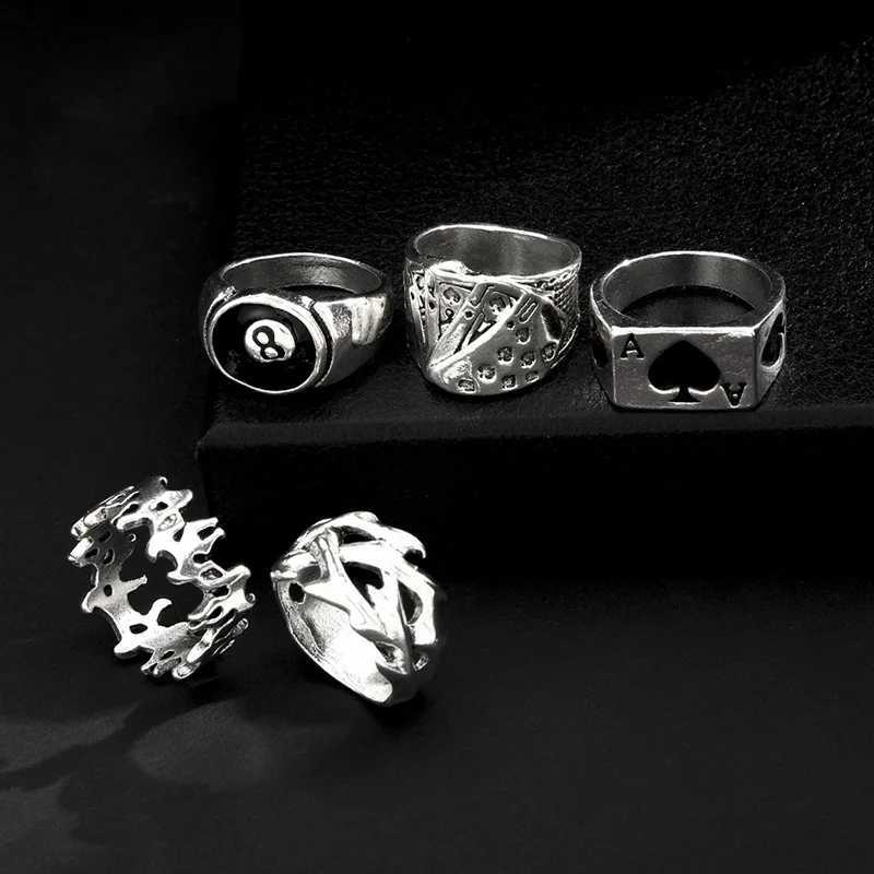 6Pcs Punk Poker Joker Silver Color Rings for Men Goth Skeleton Billiards Set Couple Emo Fashion Jewelry Anillos Hombre Z251017