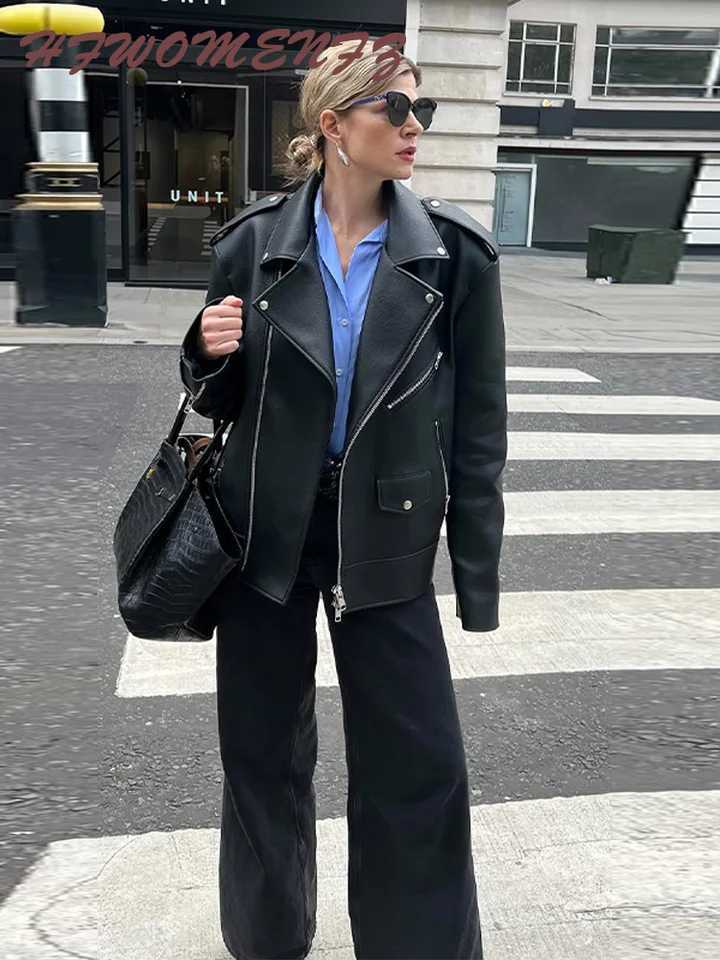 Solid Pu Leather Women Jacket Laple Long Sleeve Zippers Female Coat 2025 Fashion Vintage All Match Pocket Y2k Lady OutwearT251017