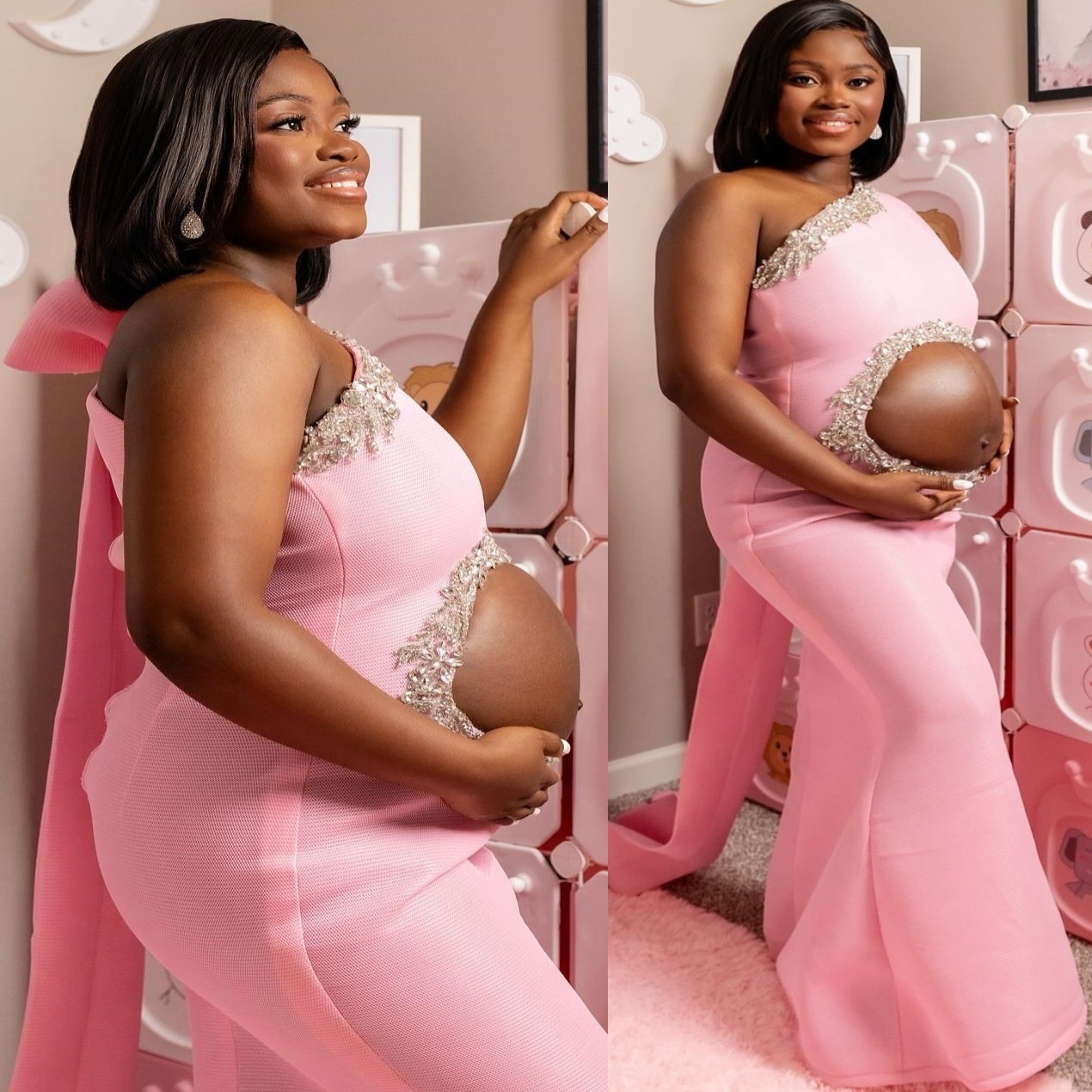 Pink Mermaid Maternity Prom Dresses 2025 One Shoulder Beaded Crystals Evening Formal Party Second Birthday Engagement Gowns Plus Size Dress For Specia