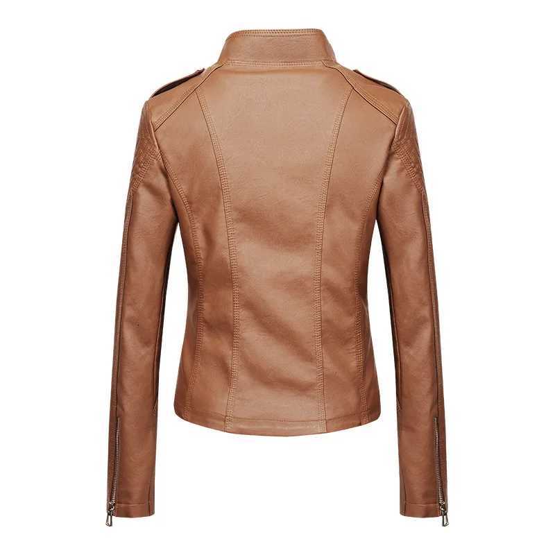 Womens Leather Jacket Spring Autumn Short Motorcycle Suit PU Leather Jackets Stand Collar Long Sleeve Zipper Slim Coats TrendT251017