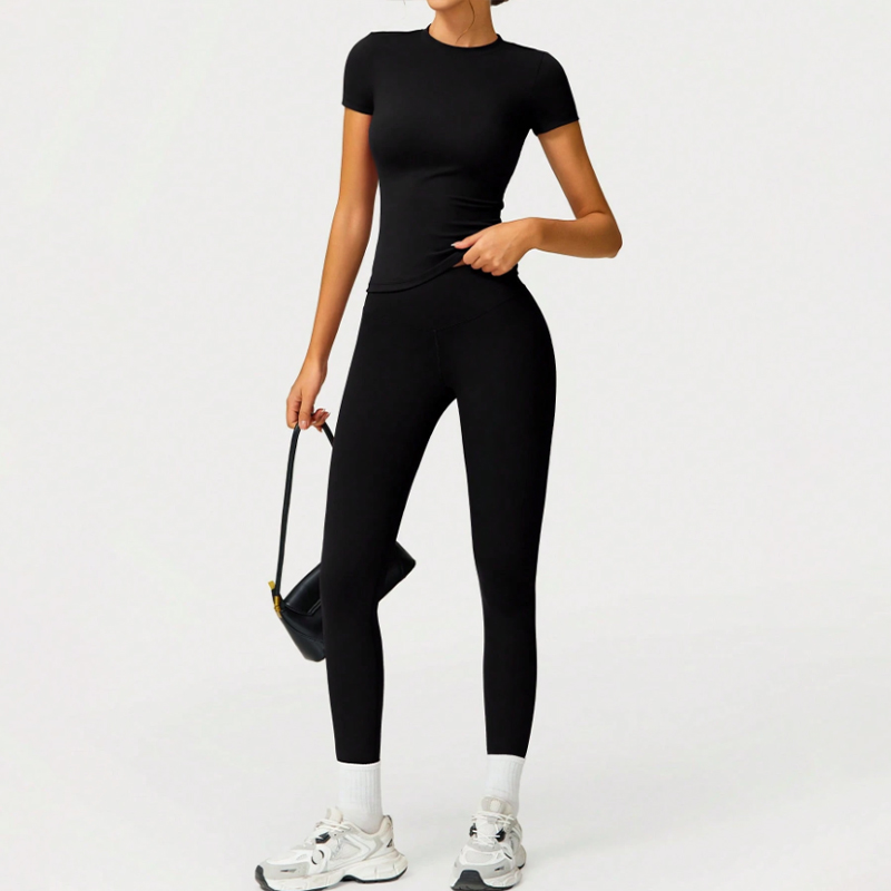 High waisted buttock lifting quick drying long sleeved yoga trousers Two piece yoga outfit Yoga Set black