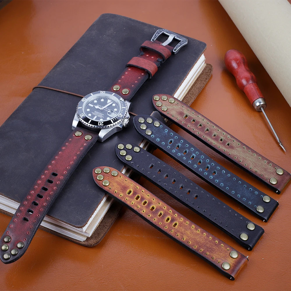 18mm 20mm 22mm 24mm Genuine Leather Watchbands Rivet Leather Watch Strap Replacement Carving Strap Vintage Watches Accessories 251016