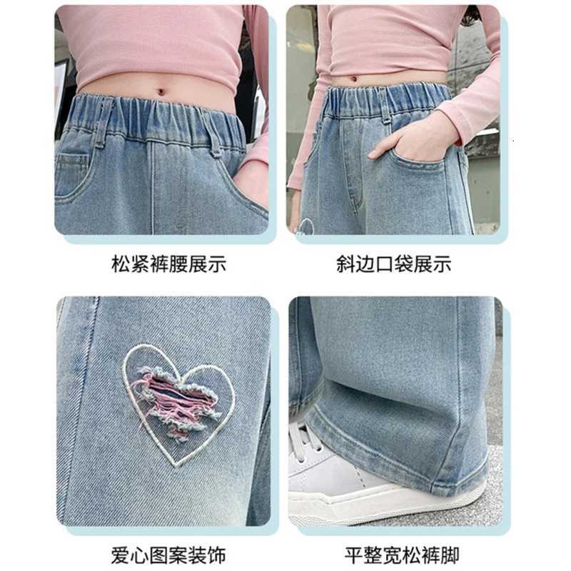 Teen Girls Denim Pants Spring Autumn New Heart Print Hole Wide Leg Pants For 5 6 8 10 12 14 Years Girls Stylish TrousersT251017