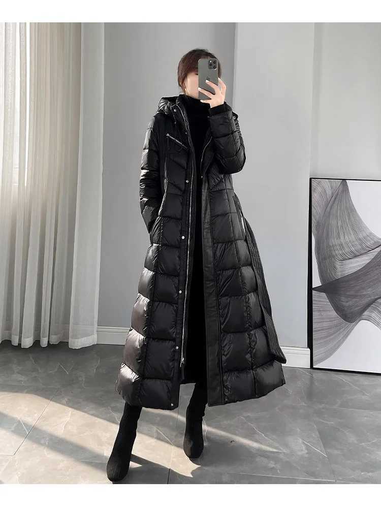 Ladies Winter Long Down Jacket High Grade Zipper Belt Black Navy Blue Down Coat Down Jacket Women Coats W251016