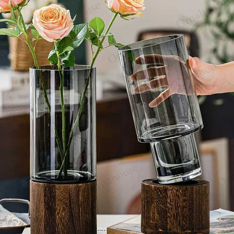 Modern Simple Creative Glass Vase with Wooden Base for WaterGrown Flowers Living Room Dining Table Decorative Flower Arrangemen C251017