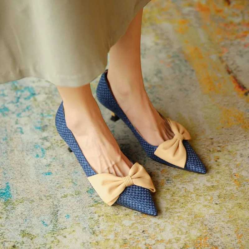 Woven Bow Designer Brand High Heels Women Fashion Shallow Patchwork Slide Sandal Elegant Simple Pointed Toe Thin Heel Dress Shoe Z251015