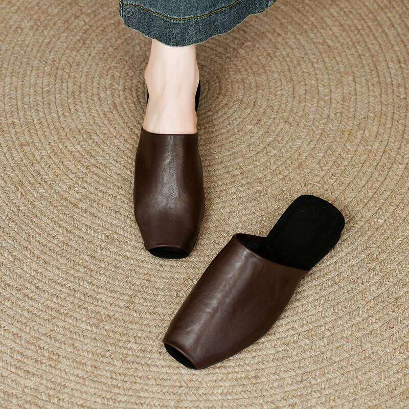 Mules Cover Sandals New Summer Leather for Fashion Modern Slippers Slides Women Peep Toe Low Heel Shoes