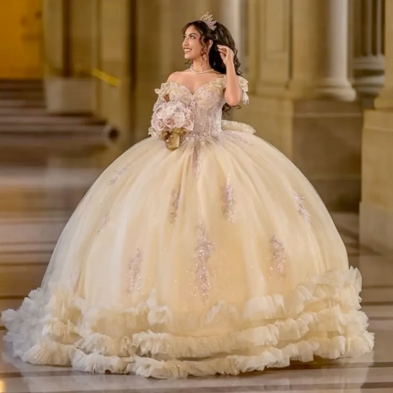 Champagne Shiny Ball Gown Quinceanera Dresses Off The Shoulder Applique Lace Tiered Tull Beading Bow Corset Party Birthday Sweet 16 Dress Vestidos 15 