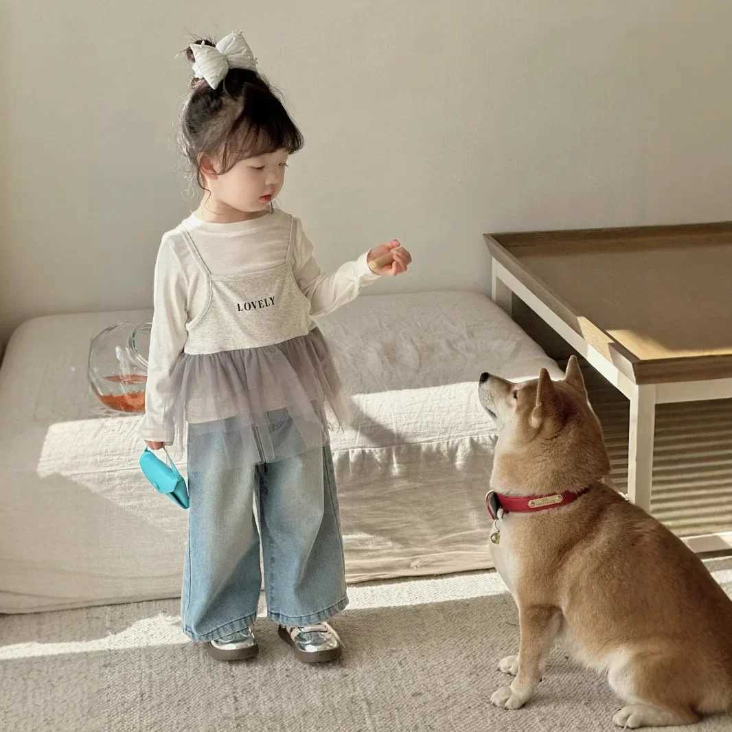 Girls Lace Straight Leg Jeans 2025 Spring Children Clothing Pants Children Korean Wide Leg Denim PantsT251017