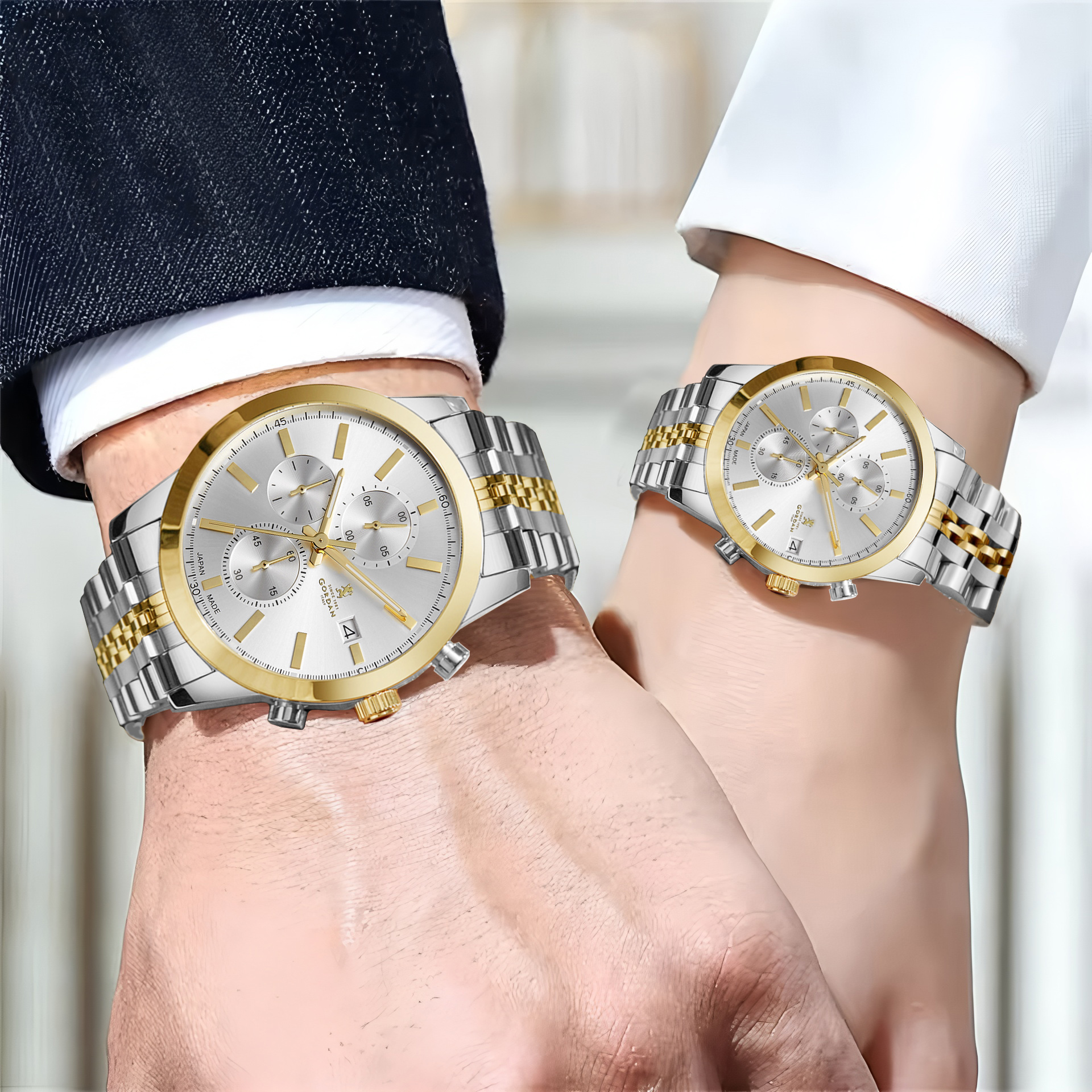 Couple Dress Watch Luxury Stainless Steel Men's & Womens Quartz Chrono Designer Couple Gift Watch with VD53 Japan Movement