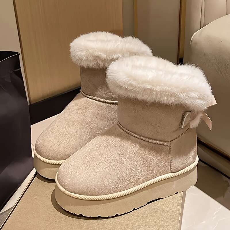 Women's Warm Winter Short -Like Faux Trim Round Toe & Low Block Heel, Round-Toe Snow With Rubber Sole No Edges Brown - Cozy Casual/Dress Boots Fo