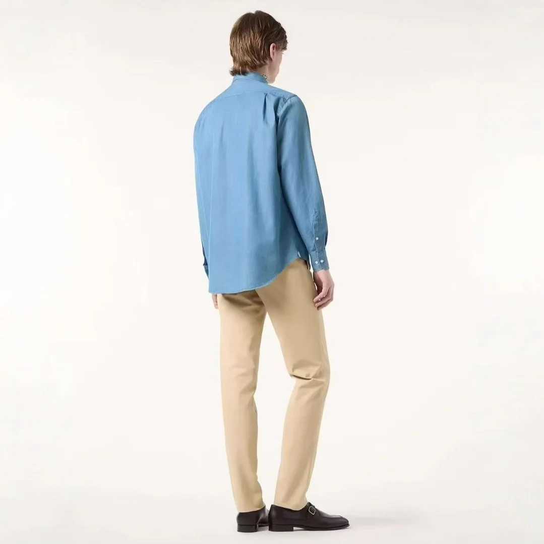 Mens Casual Washed Denim Shirt Loose Fit Long Sleeve Classic Collar Pocket Detail Business Casual Style Cotton Shirt J251017