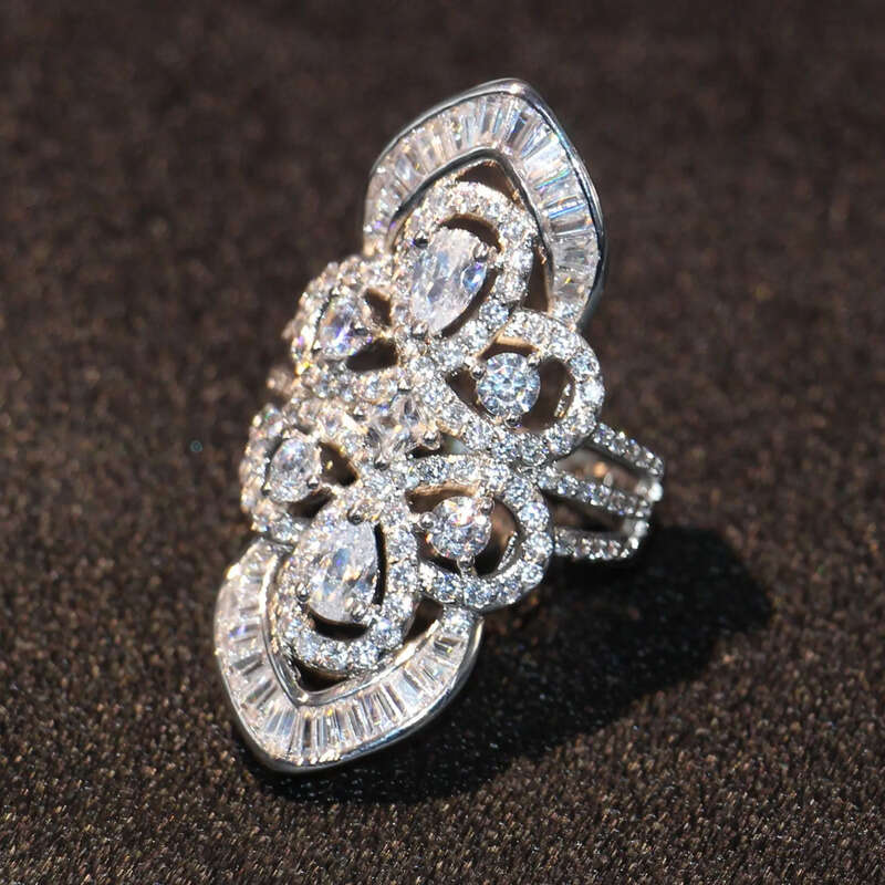 Brand New Jewelry Sterling Sier Pear Cut White Topaz CZ Dia Gemstones Princess Office Sparkling Wedding Wide Band Ring