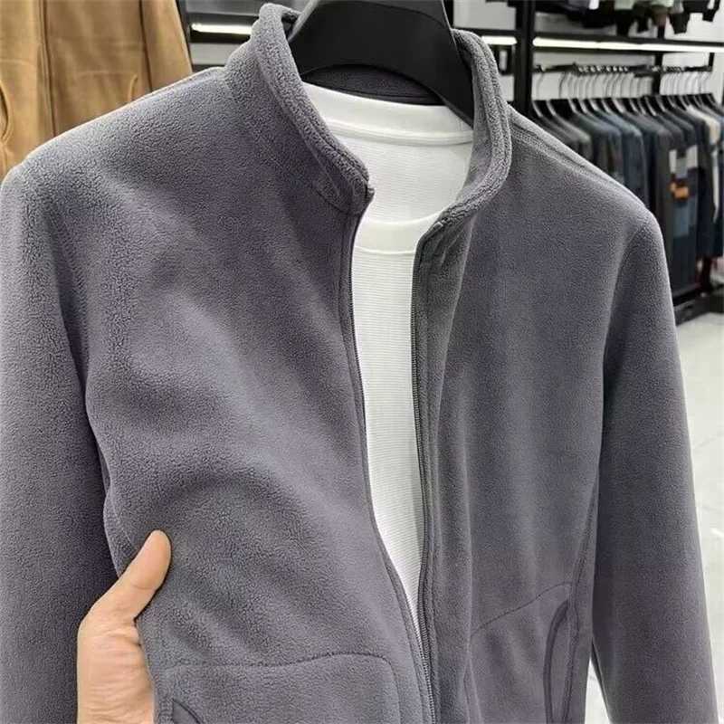 Autumn Polar Fleece Cardigan Sweatshirts Mens Stand Up Collar Zipper Jackets Y2K Vintage Solid Color Coats Basic Tracksuit J251017