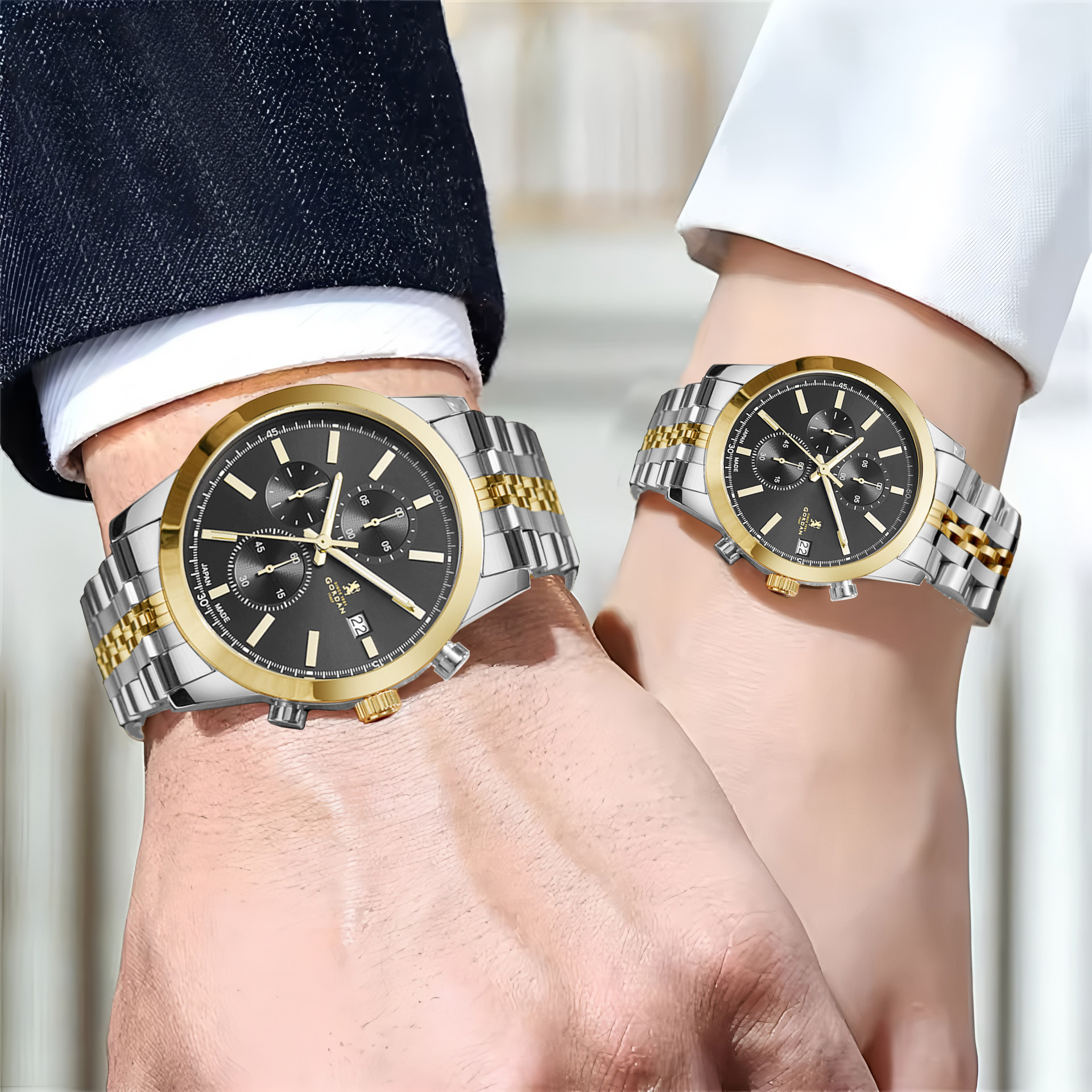 Couple Dress Watch Luxury Stainless Steel Men's & Womens Quartz Chrono Designer Couple Gift Watch with VD53 Japan Movement