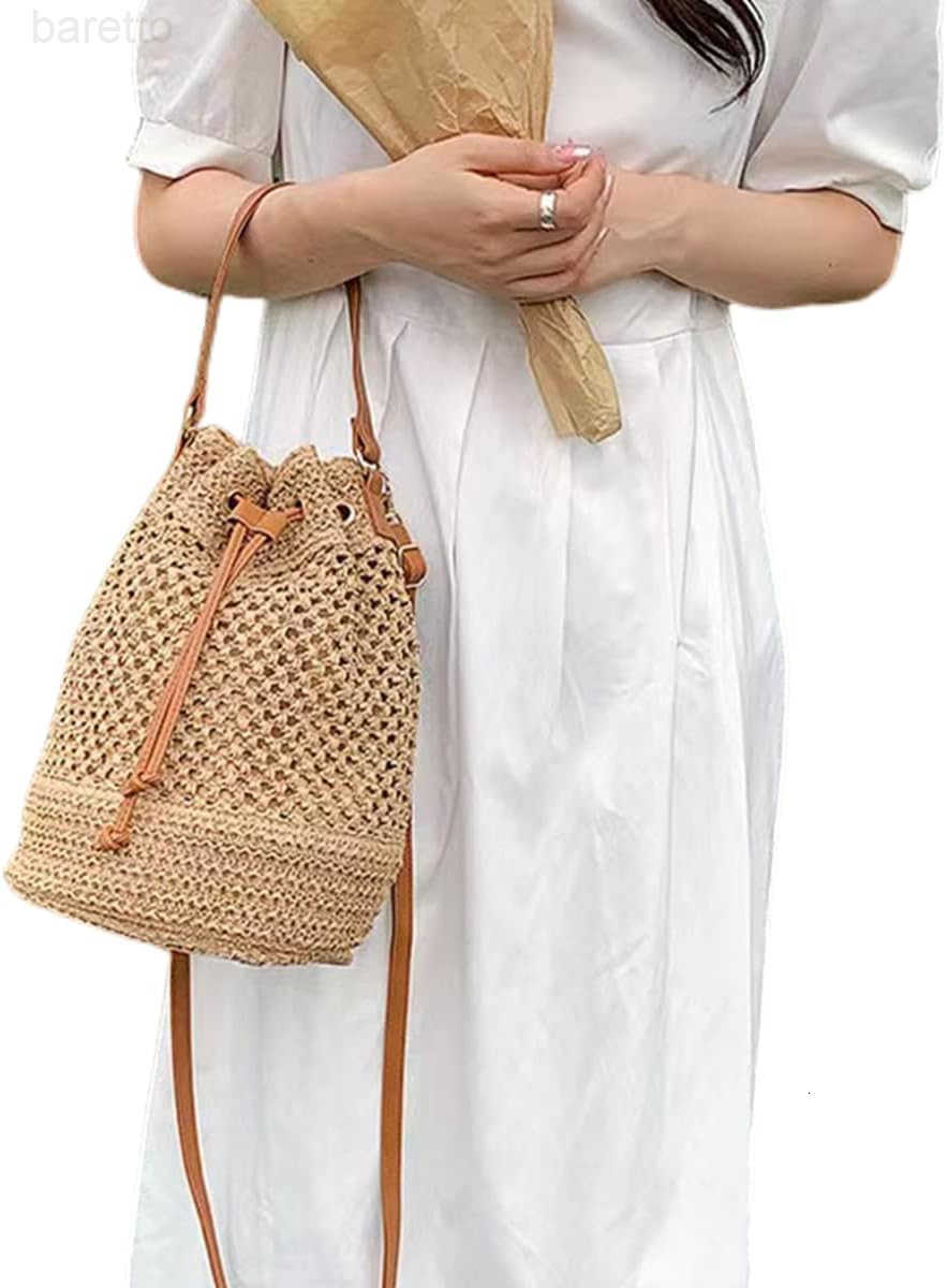 Women Straw Drawstring Bucket Purse Small Tote Shoulder Handbag Hollow Out Crossbody Bag for SummerBeach Z251017