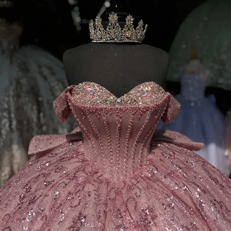 Pink Sweetheart Shiny Quinceanera Dresses Ball Gown Off The Shoulder Lace Beads Crystal Tull Mexican Sweet 16 Dresses 15 Anos