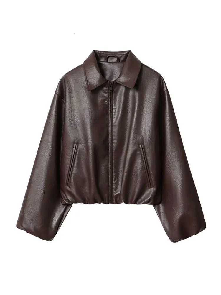 Womens Faux Leather Bomber Jacket Long Sleeve Chic Outerwear Elastic Hem Female Fashion TopT251017